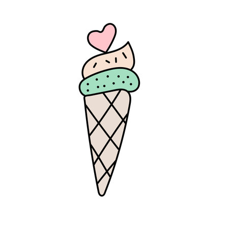 Ice cream with a heart in doodle style. Vector illustration isolated on white backgroundのイラスト素材