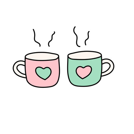 Paired mugs with hearts in doodle style. Vector illustration isolated on white backgroundのイラスト素材