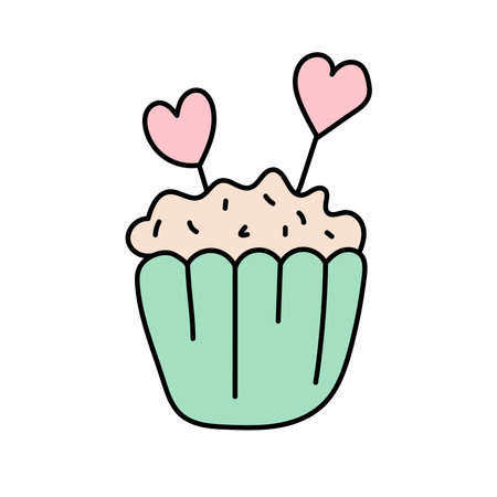 Cupcake with hearts in doodle style. Vector illustration isolated on white backgroundのイラスト素材