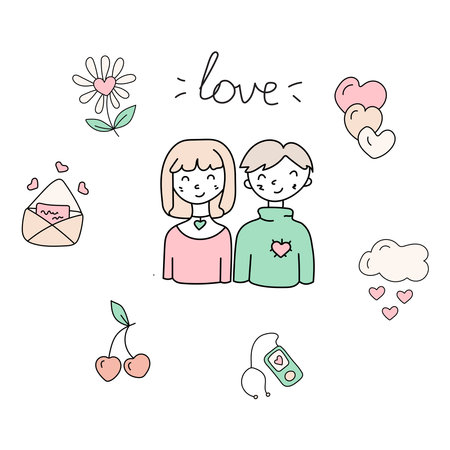 Lovers in doodle style. Vector illustration isolated on white backgroundのイラスト素材