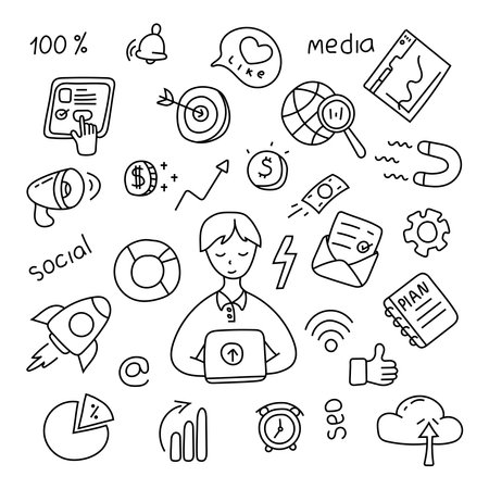 Digital marketing set doodle .Vector isolated on white backgroundのイラスト素材