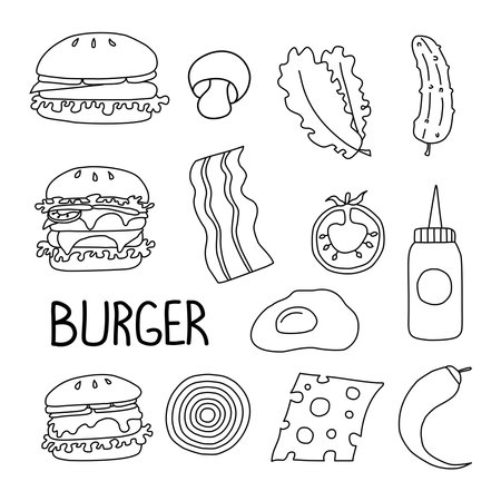 Burger set in doodle style. Vector isolated on white backgroundのイラスト素材