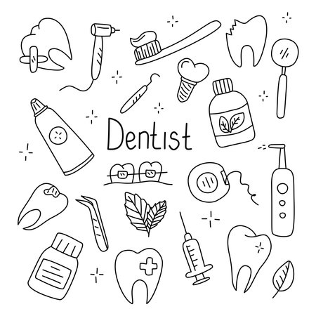 Dentistry set doodle illustration. Isolated on white backgroundのイラスト素材
