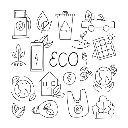 Set of ecology doodle. Isolated on white backgroundのイラスト素材