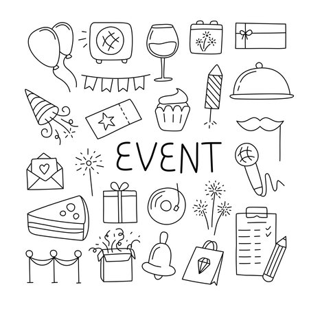 Set Event doodle. Isolated on white backgroundのイラスト素材