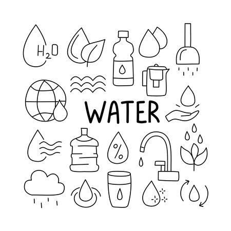 Water. Set of doodle icons isolated on white backgroundのイラスト素材