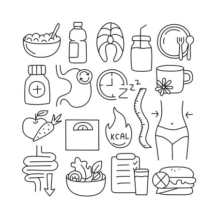 Diet. Doodle icons set. Isolated on white backgroundのイラスト素材
