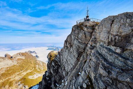 View from SÃ¤ntis into the surrounding mountain landscapeの写真素材
