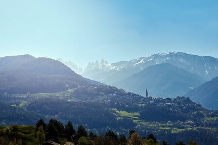 South Tyrolean mountain landscape with a view of the Three Peaks in the distanceの写真素材