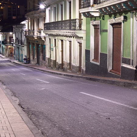 QUITO, ECUADOR - AUGUST 8, 2014: Venezuela street in the historic city center photographed at night on August 8, 2014 in Quito, Ecuador. Quito is an UNESCO World Cultural Heritage Site.のeditorial素材