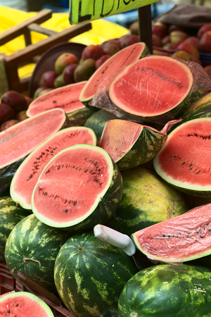 LA PAZ, BOLIVIA - NOVEMBER 10, 2014: Watermelon stand along Max Paredes street in the city center, where many fruits and vegetables are sold on the roadside on November 10, 2014 in La Paz, Bolivia (Selective Focus, Focus one third into the image)のeditorial素材