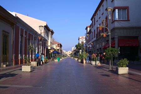 LA SERENA, CHILE - FEBRUARY 22, 2015: View of the street Arturo Prat with the Nuestra Senora de Gracia church in the back on February 22, 2015 in La Serena, Chileのeditorial素材