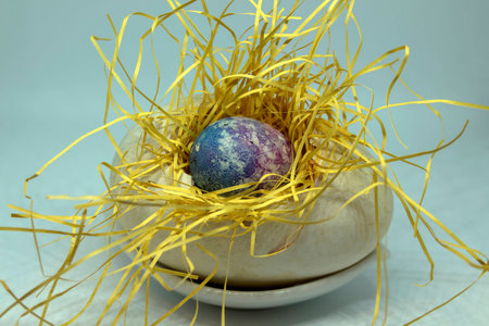 Theme Easter. Blue-pink egg of quail on straw in a duck shell egg.