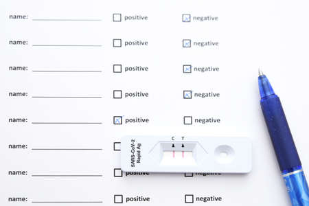 filling test form. test. positive outcome infected, Medical test form for new rapid antigen testの写真素材