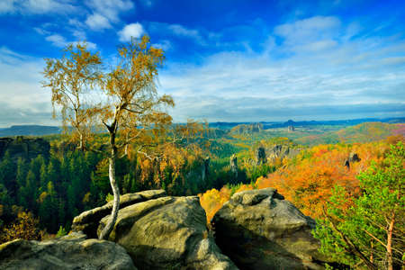 Saxon switzerland fairy tale view from carola rock at noon feather clouds blue skyの写真素材