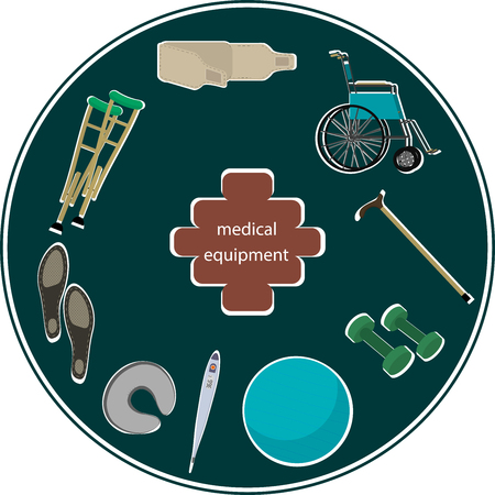 orthopedic equipment. wheelchairs, crutches, dumbbells, insoles, thermometer, stick and so on.のイラスト素材