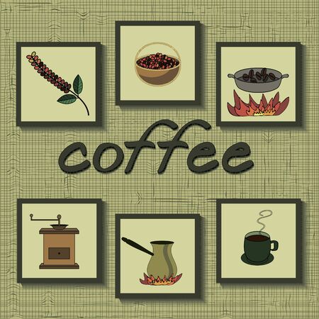 coffee set. stages of coffee process from grain growing to drinkのイラスト素材