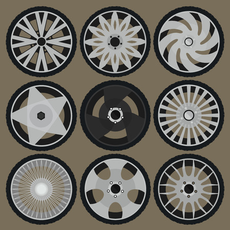 vector illustration of the different tyres and wheel rimsのイラスト素材