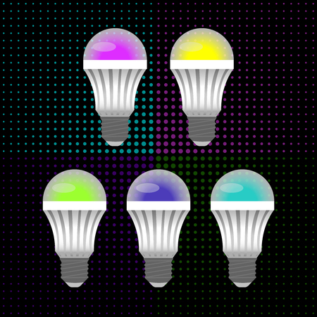 five multicolored LED energy saving light bulbs in the background of small circlesのイラスト素材