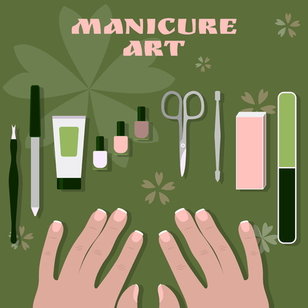 female palms and a set of tools and accessories for manicure and nail polishesのイラスト素材