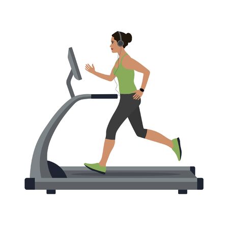 woman runs on a treadmill and listens to music on headphonesのイラスト素材