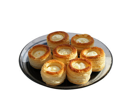 Souffle on a glass plate on an isolated white backgroundの写真素材