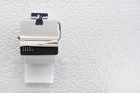 A white roll of soft toilet paper neatly hanging on a modern chrome holder on a light bathroom wall. copy spaceの写真素材