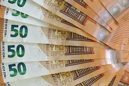 Fan of 50, euro. Euro money notes. Fan of euro banknotes background. Textures. Close-up.の写真素材