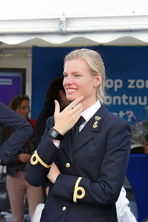 Portrait of a woman ship captain in the uniform on the pier. 7 September 2018. Port of Rotterdam....
