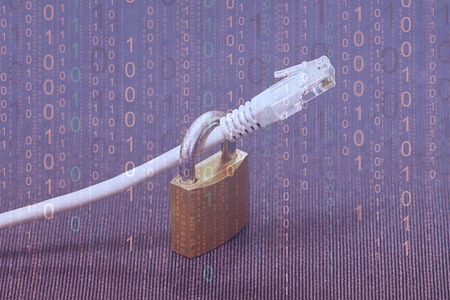 Networks cable in padlock. Internet blocking. Red toning with numbers.