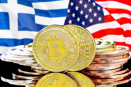Concept for investors in cryptocurrency and Blockchain technology in the Greece and United States of America. Bitcoins on the background of the flag Greece and US.の写真素材