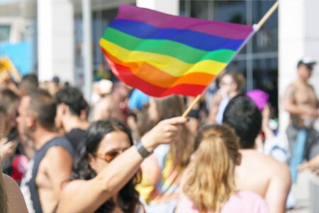 The annual parade LGBT. Gay and lesbians walking in the Gay Pride parade. Parade of tolerance. Rainbow flags at Gay pride parade. 14 June 2019. Tel Aviv. Israel.のeditorial素材