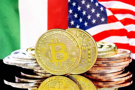 Concept for investors in cryptocurrency and Blockchain technology in the Italy and United States of America. Bitcoins on the background of the flag Italy and US.の写真素材