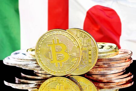 Concept for investors in cryptocurrency and Blockchain technology in the Italy and Japan. Bitcoins on the background of the flag Italy and Japan.の写真素材