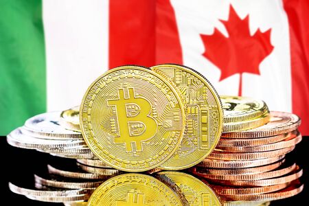 Concept for investors in cryptocurrency and Blockchain technology in the Italy and Canada. Bitcoins on the background of the flag Italy and Canada.の写真素材