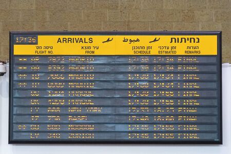 Board of arrival of aircraft at the international airport. Airport flight schedule with the list of flights and information on registration. 29 August 2018. Ben Gurion Airport. Tel Aviv. Israel.のeditorial素材