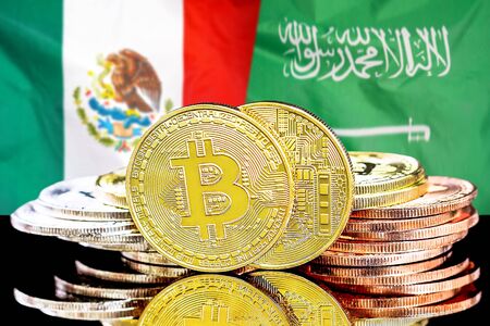 Concept for investors in cryptocurrency and Blockchain technology in the Mexico and Saudi Arabia. Bitcoins on the background of the flag Mexico and Saudi Arabia.の写真素材