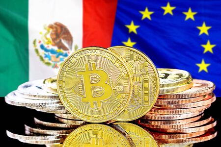 Concept for investors in cryptocurrency and Blockchain technology in the Mexico and European Union. Bitcoins on the background of the flag Mexico and European Union.の写真素材