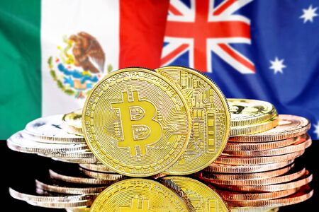Concept for investors in cryptocurrency and Blockchain technology in the Mexico and Australia. Bitcoins on the background of the flag Mexico and Australia.の写真素材