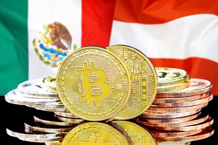 Concept for investors in cryptocurrency and Blockchain technology in the Mexico and Austria. Bitcoins on the background of the flag Mexico and Austria.の写真素材