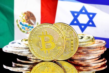 Concept for investors in cryptocurrency and Blockchain technology in the Mexico and Israel. Bitcoins on the background of the flag Mexico and Israel.の写真素材
