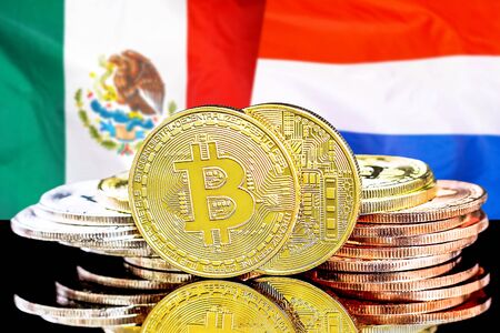 Concept for investors in cryptocurrency and Blockchain technology in the Mexico and Netherlands. Bitcoins on the background of the flag Mexico and Dutch.の写真素材