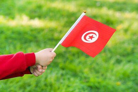 Hands of kid girl holding Tunisia flag. Independence Day concept. Green grass background.の写真素材