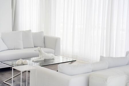 Interior of the living room of the hotel. Beautiful living room with white sofa. White Concept Living Room Interior. Modern bed room interior in Luxury villa. White colours, big windowの写真素材