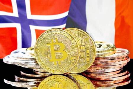Concept for investors in cryptocurrency and Blockchain technology in the Norway and France. Bitcoins on the background of the flag Norway and France.の写真素材