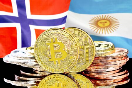 Concept for investors in cryptocurrency and Blockchain technology in the Norway and Argentina. Bitcoins on the background of the flag Norway and Argentina.の写真素材