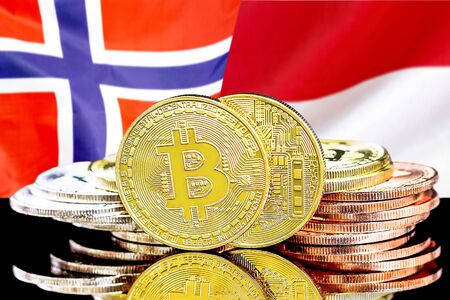 Concept for investors in cryptocurrency and Blockchain technology in the Norway and Monaco. Bitcoins on the background of the flag Norway and Monaco.の写真素材