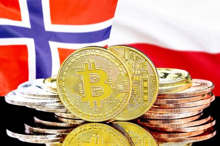 Concept for investors in cryptocurrency and Blockchain technology in the Norway and Poland. Bitcoins on the background of the flag Norway and Poland.の写真素材