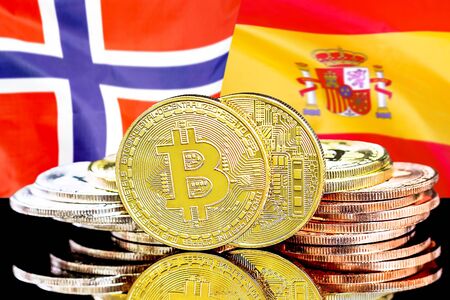 Concept for investors in cryptocurrency and Blockchain technology in the Norway and Spain. Bitcoins on the background of the flag Norway and Spain.の写真素材