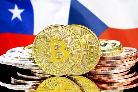Concept for investors in cryptocurrency and Blockchain technology in the Chile and Czech Republic. Bitcoins on the background of the flag Chile and Czech Republic.の写真素材